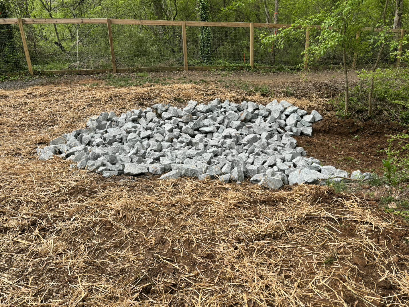 Riprap stone set for erosion control along a field edge